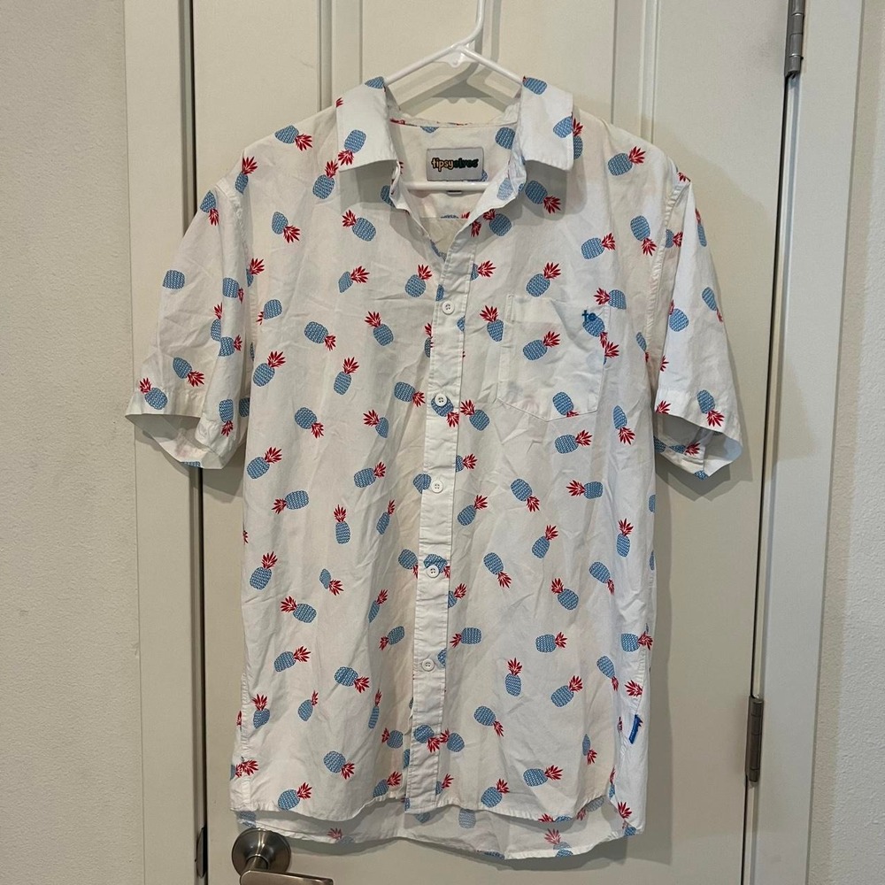 Tipsy Elves white button-up shirt with blue and red pineapple print XL